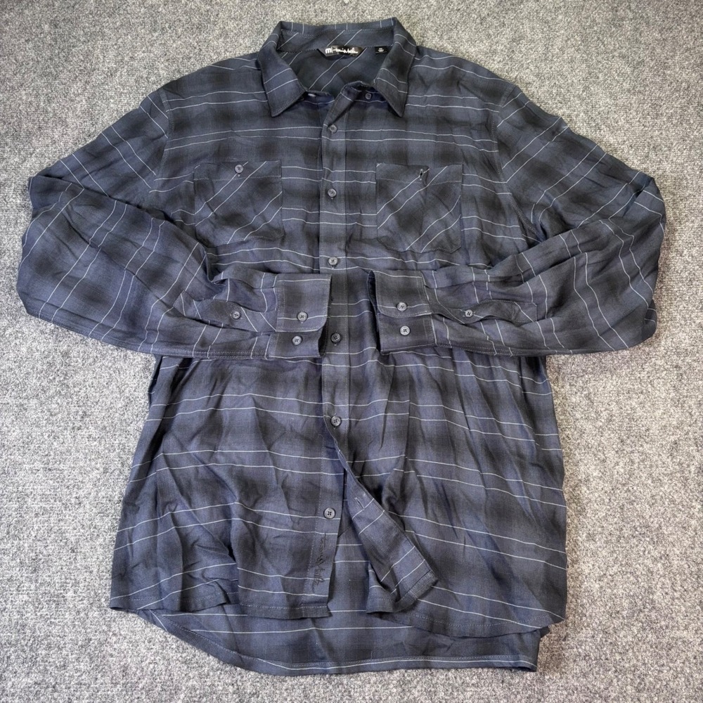 Travis Mathew Men's XXL Grey Black Plaid Pinstripe Long Sleeve Button Down Shirt